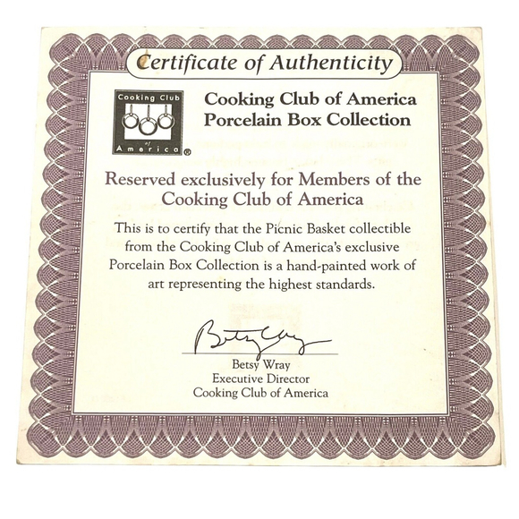 Cooking Club Of America Porcelain Picnic Basket Trinket Box with Cupcake & COA - Picture 14 of 15